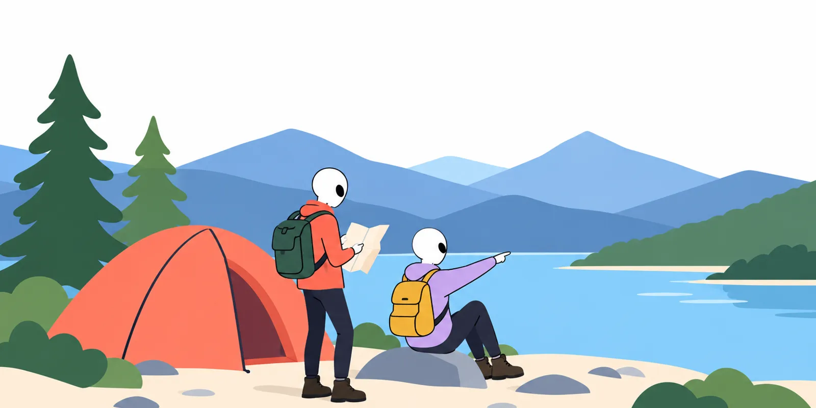 Two Aliens helping each other along a mountain hiking trail