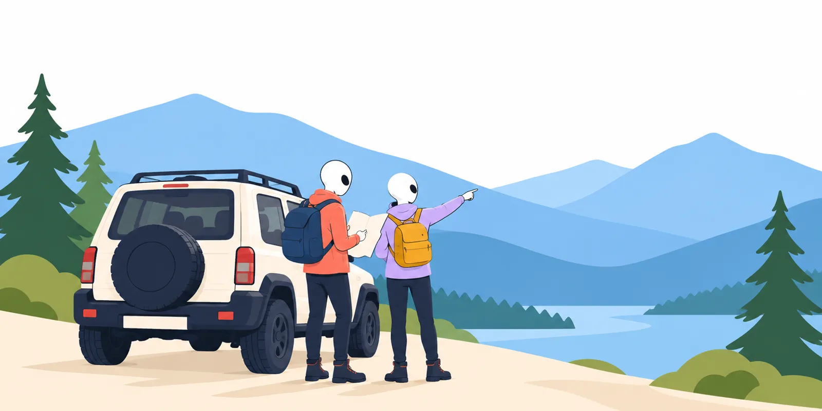 Two Aliens beside an off-road vehicle overlooking mountains